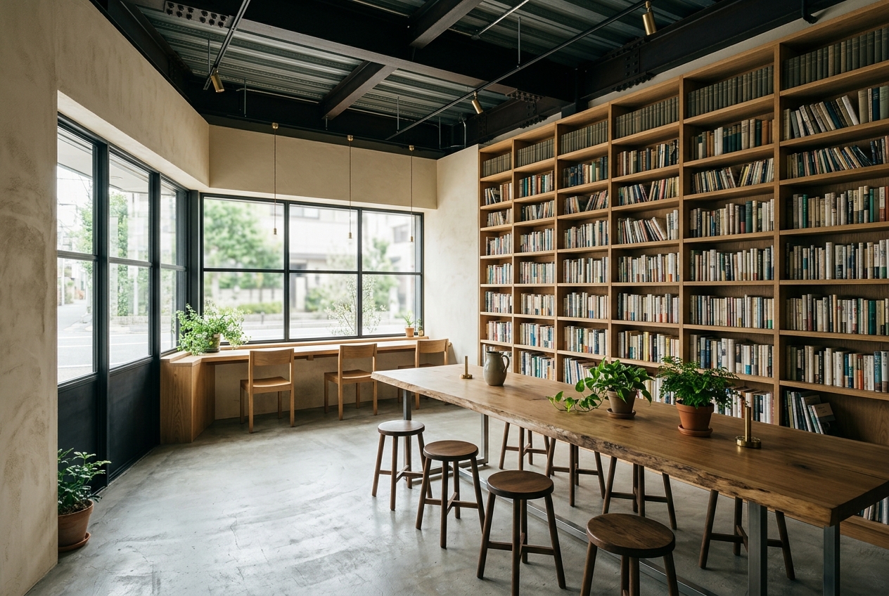 図書室のあるカフェの内観